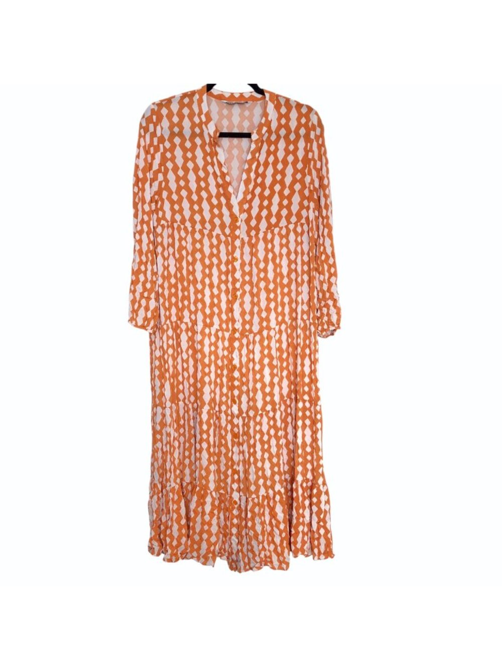 Zara Orange White Geometric Print Long Sleeve Tiered Maxi Dress M